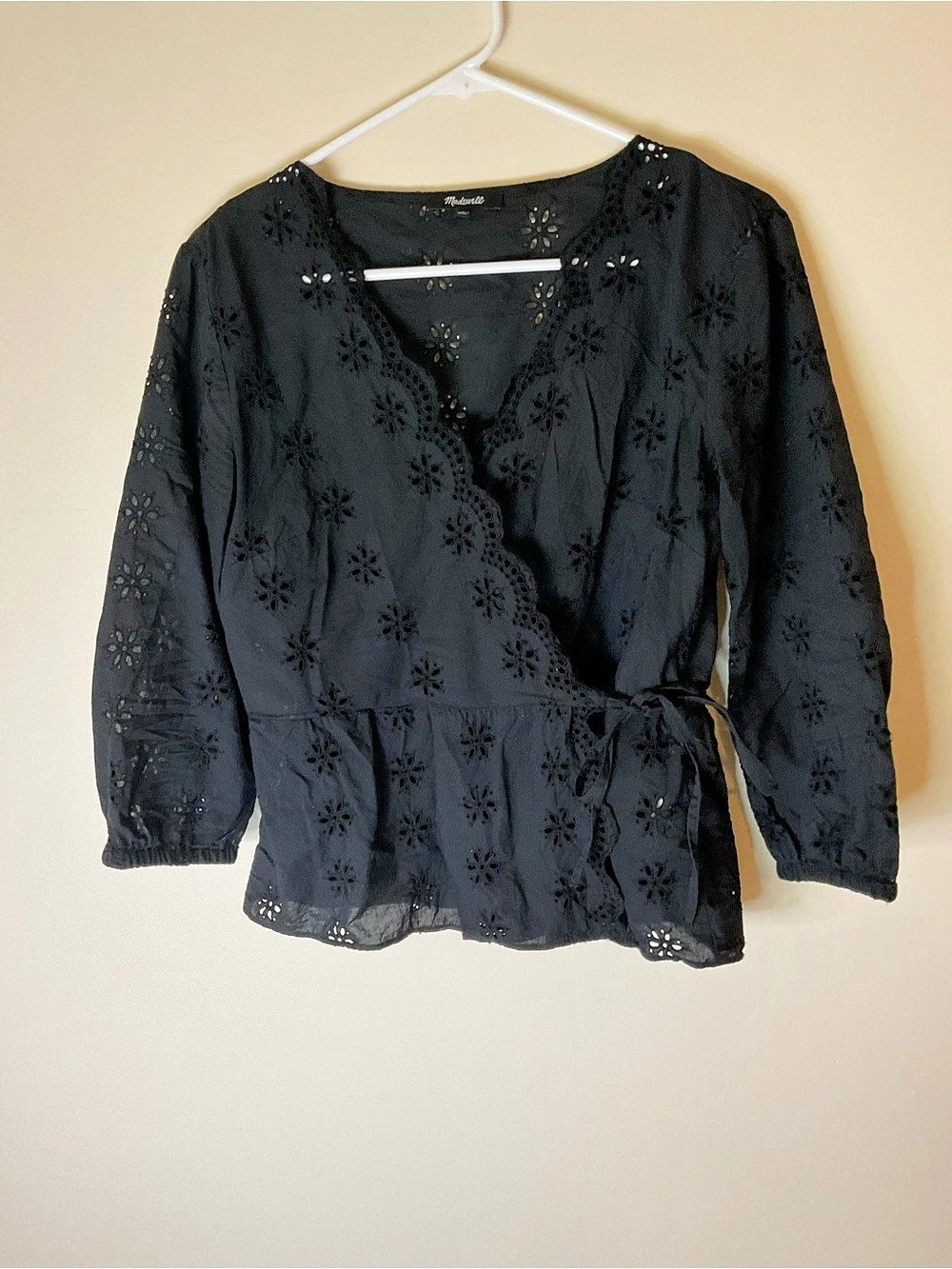 Madewell Scalloped Eyelet Wrap Top Floral Blouse Black Small
